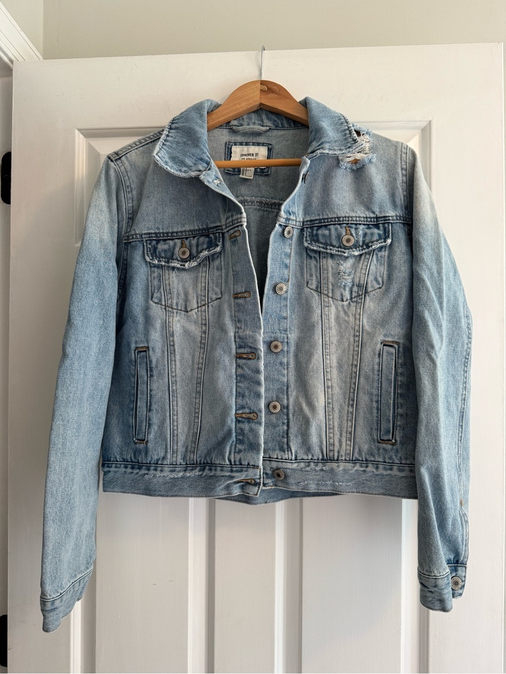 Light Denim Distressed Forever 21 Jacket Size L